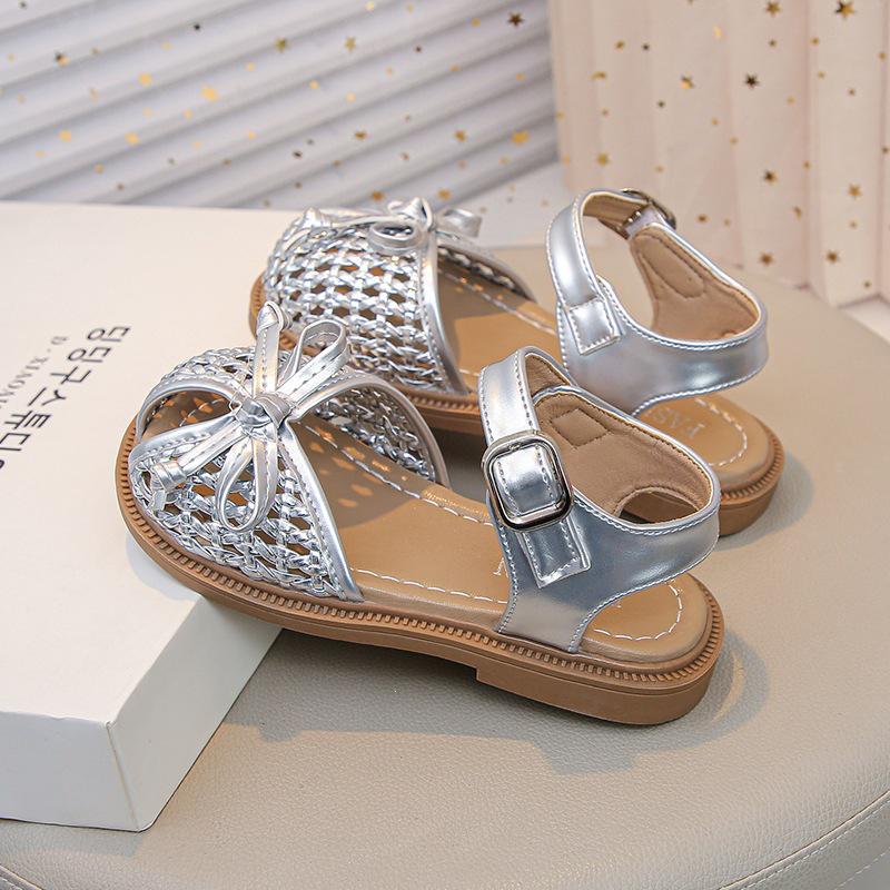 Girls' 2026 Korean Style Bow Knot Closed Toe Sandals - Soft Sole Woven Princess Shoes for Little Girls
