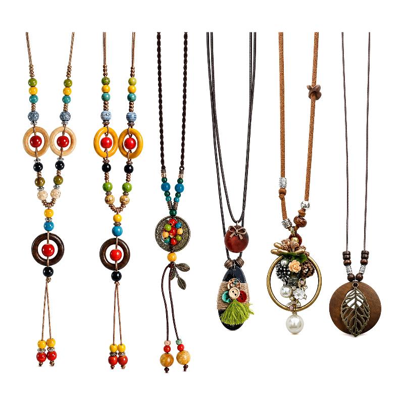 Boho Wooden Beaded Long Necklace Collar Decoration Female Jewelry Neck Accessories Ethnic Style Handmade Pendant Sweater Chain