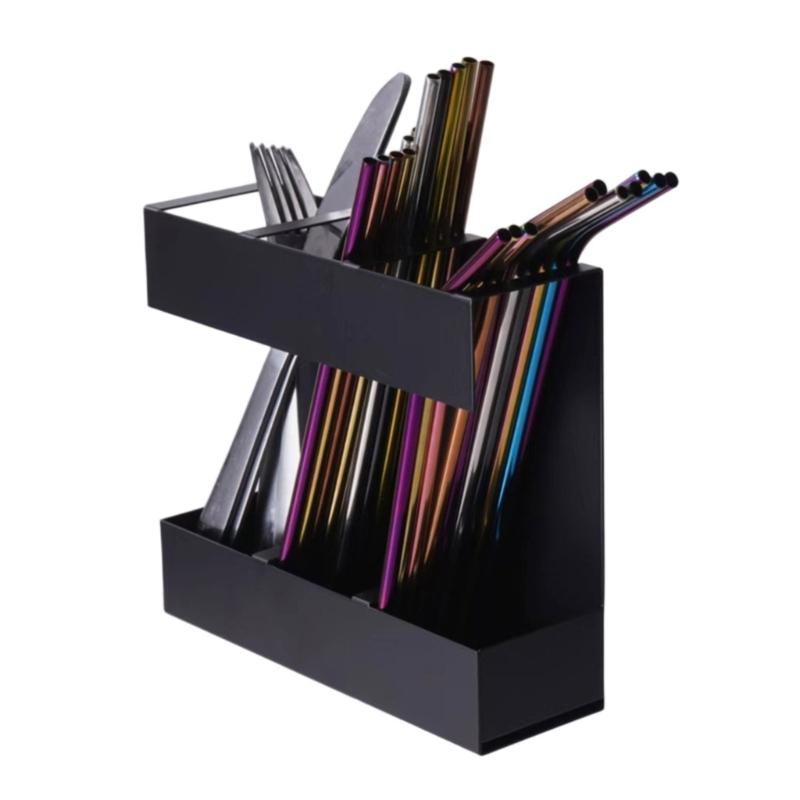 Multifunctional Storage Rack For Straws Cutlery 3 Section Cabinet Organizers With Drainage Design Kitchen Accessory