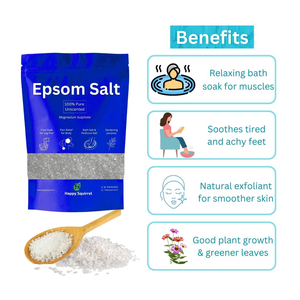 Happy Squirrel Epsom Salt for Foot, Bath | For Pain Relief & Relaxation | 100% Pure Bath Salt (900 Grams)