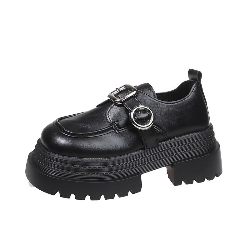 Thick-soled big-headed women's spring new heightening small leather shoes thick heel British commuter Velcro single shoes