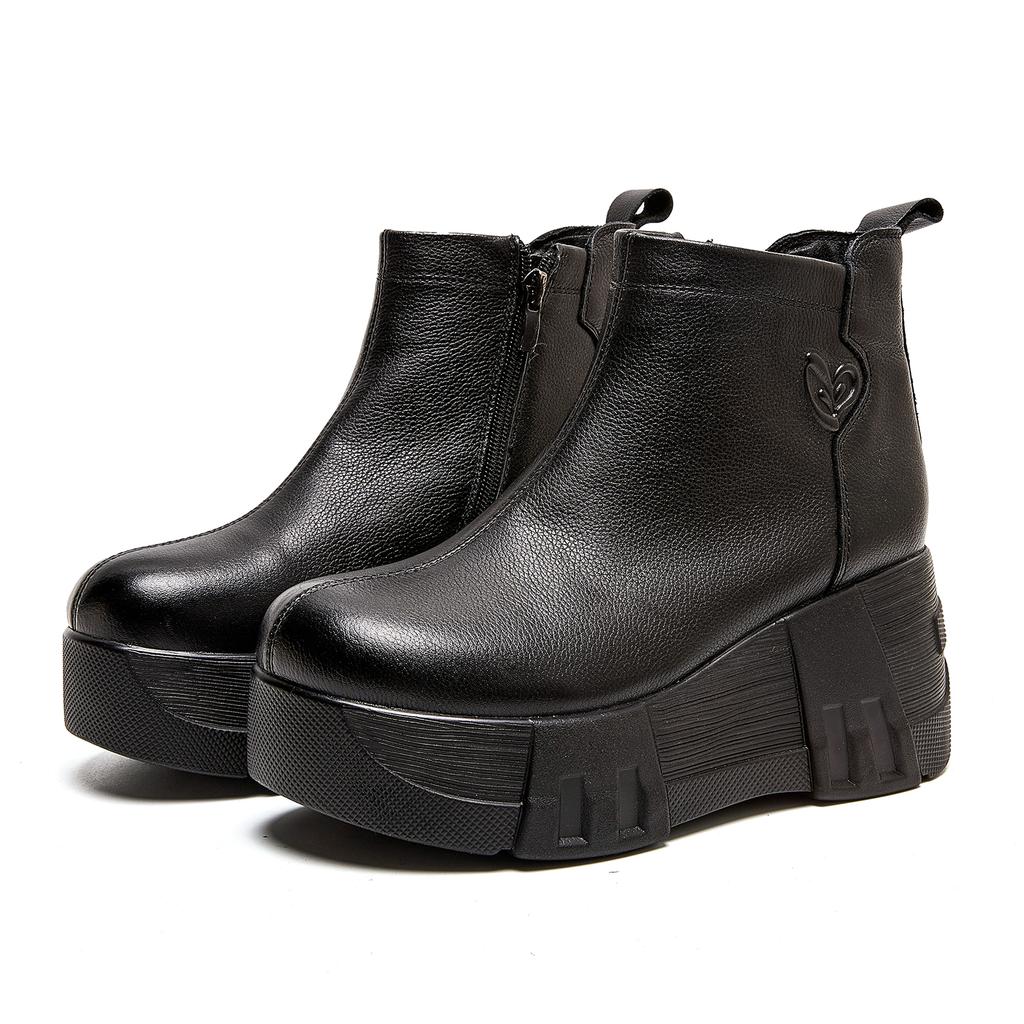 Fashion GKTINOO Handmade Genuine Leather Winter Warm Women's Boots Round Toe Retro Thick-soled Wedges Ankle Boots High Heels Boots