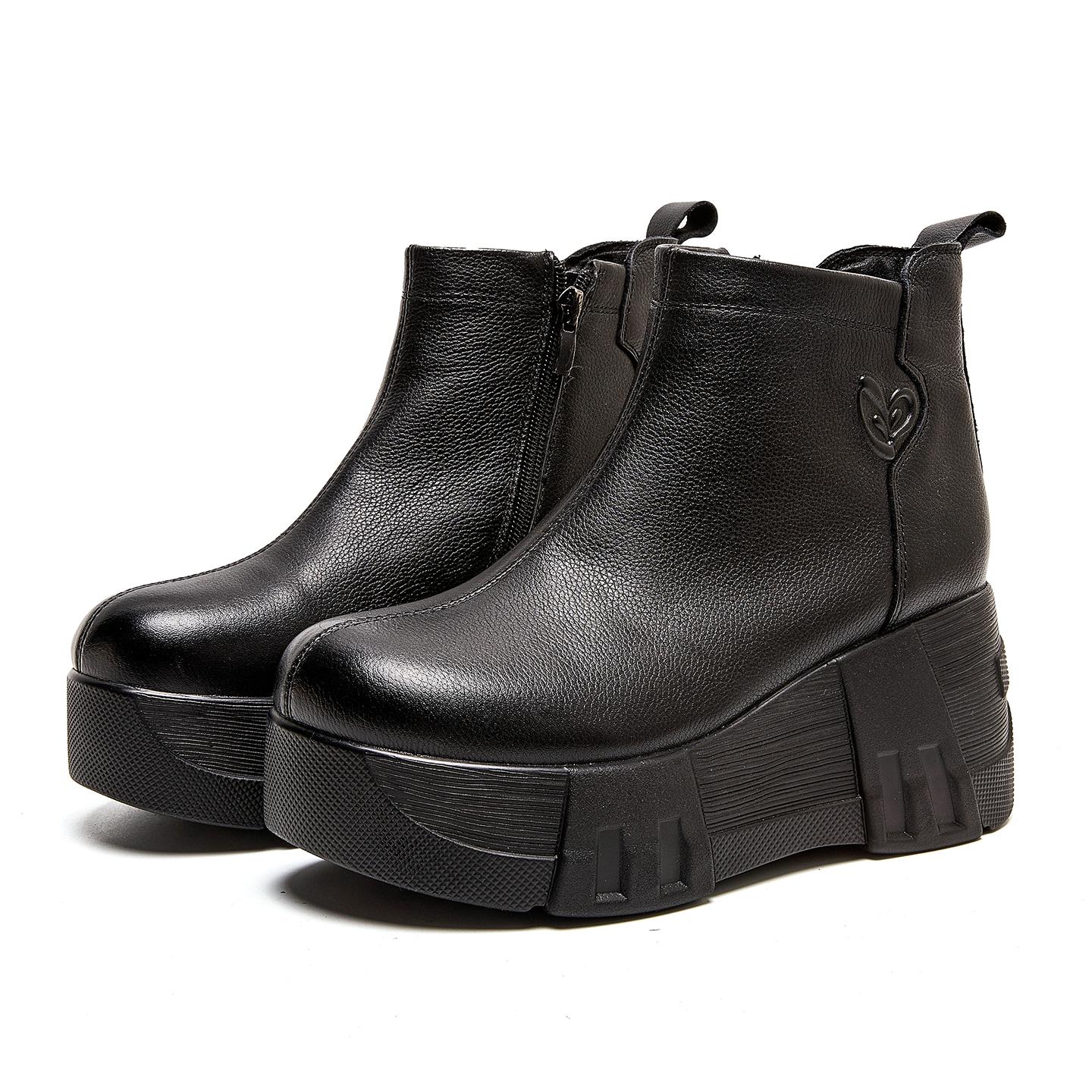 

GKTINOO Handmade Genuine Leather Winter Warm Women s Boots Round Toe Retro Thick-soled Wedges Ankle Boots High Heels Boots 34