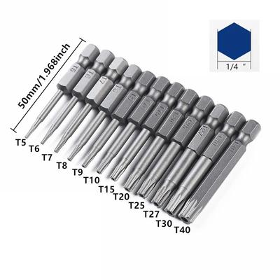 12 szt. 50 mm 1/4" Sześciokątny Uchwyt Wiertła Bezpieczeństwa Torx - T5 do T40 - Idealne do Projektów DIY 12 szt. 50 mm 1/4" Sześciokątny Uchwyt Wiertła Bezpieczeństwa