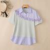 Women Stripe Splice Turn Down Collar Casual Short Sleeve Blouse