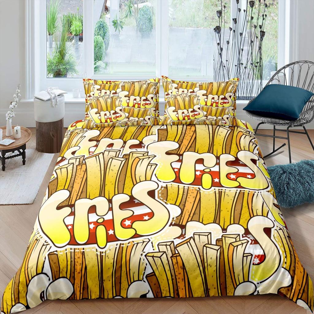 American Fast Food Duvet Cover Set Full Size Polyester Pizza Hotdog Hamburger Print Bedding Set French Fries Cartoon Quilt Cover
