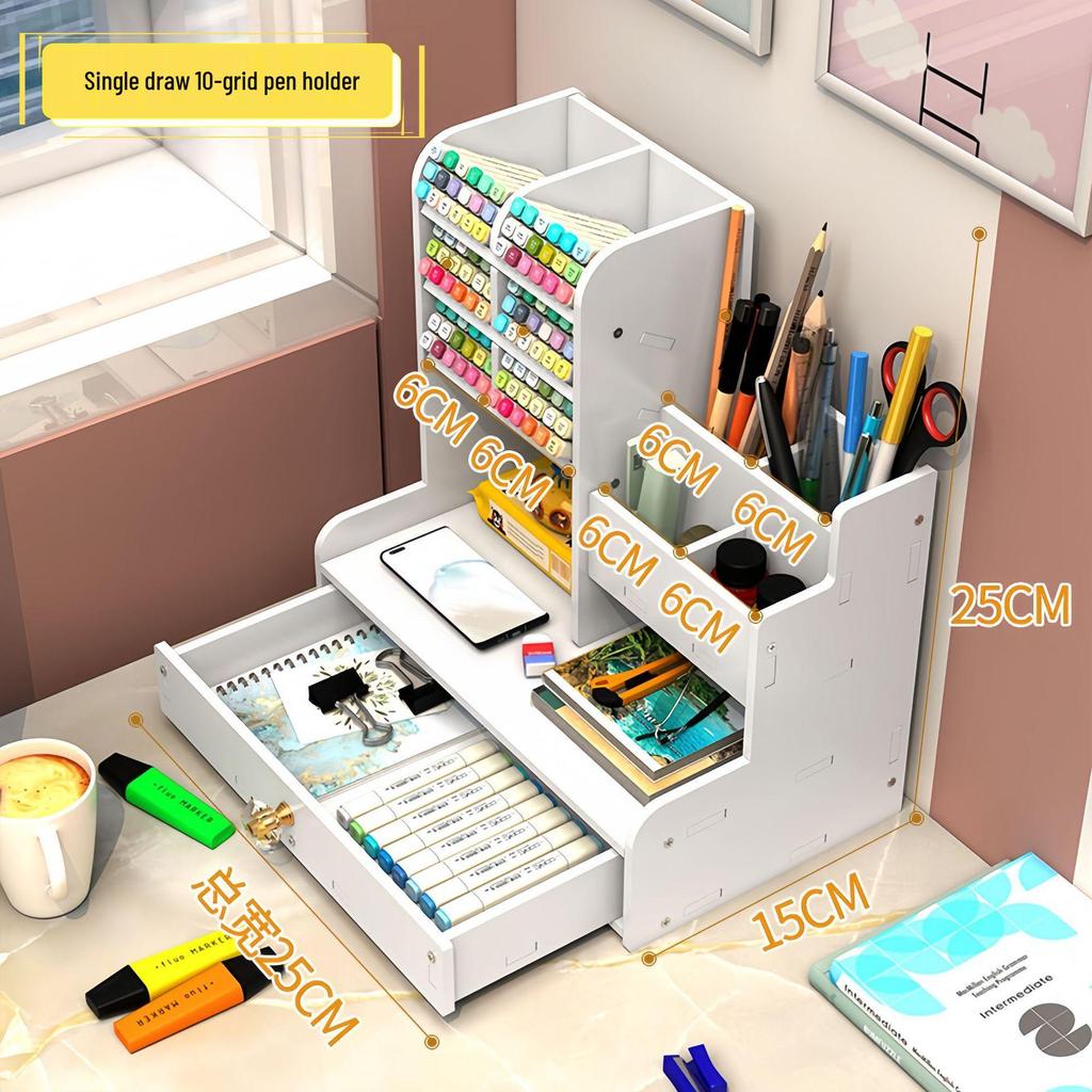 Large Capacity Wooden Desktop Organizer with Angled Pen Holder and Drawer