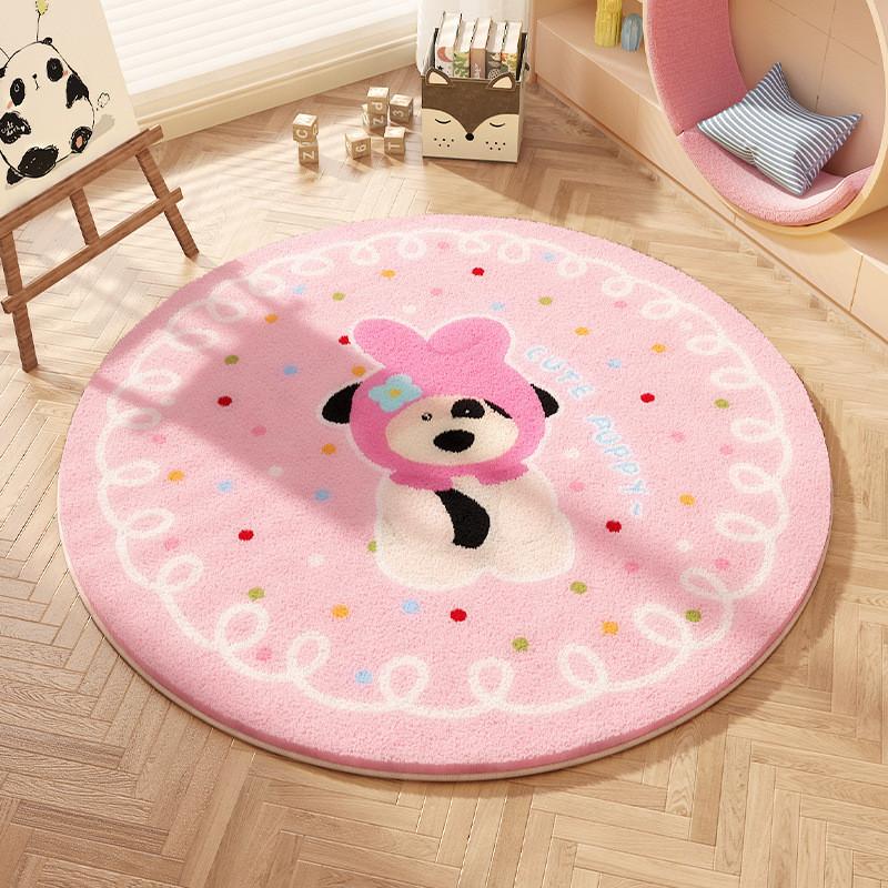Cartoon Animal Pattern Circular Carpet With Water Wash For Kids Bedroom And Lounge Area