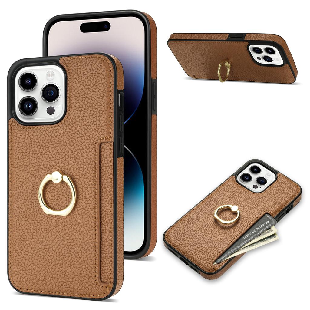 Compatible with iPhone 16 Case, 17 Pro Litchi-patterned Ring Buckle Stand, Card Slot, Wallet, Shockproof Case, 14 Plus