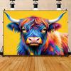 2D Flat, Colorful Highland Cow Art Tapestry Wall Hanging For Living Room Bedroom Decor Boho Animal Print Home Decoration Gift
