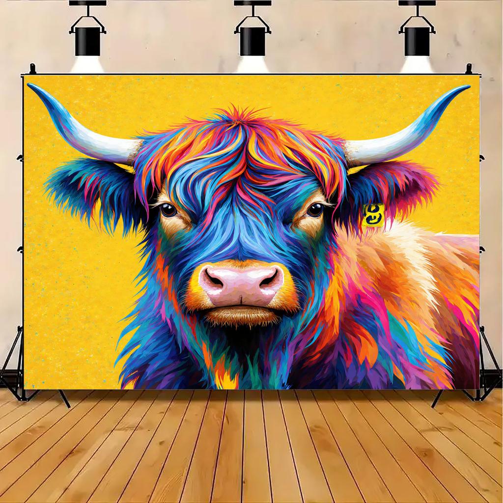 2D Flat, Colorful Highland Cow Art Tapestry Wall Hanging For Living Room Bedroom Decor Boho Animal Print Home Decoration Gift