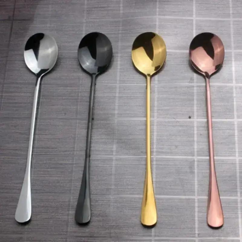 Kitchen Solid Color Stainless Steel Coffee Spoon With Long Handle Scoops Dessert Tea Spoon Accessories Tableware Supplies Tools
