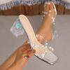 Fashion Elegant Pearl Transparent Heel Slippers Women Luxury Shiny Crystal High Heel Sandal Woman New Thick Sole Silver Slides Mujer
