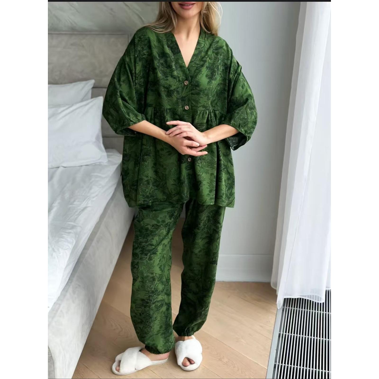 

Жіноча бавовняна піжама для весни та літа, вільні рукави, комплект, тонкий V-подібний виріз, синтетична бавовна, домашній одяг One Size