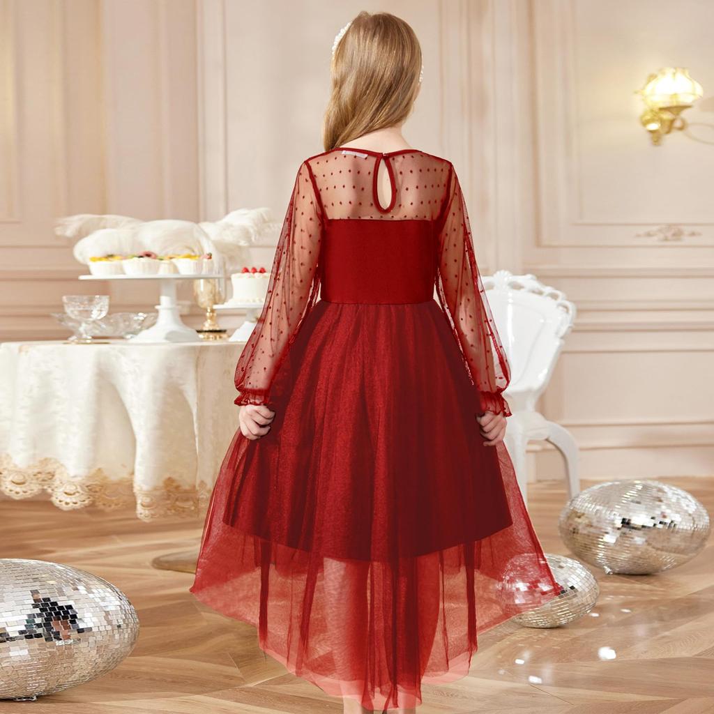 Jenter Kjoler Kontrast Mesh Lange Ermer Snurrekjole Høy Lav Bursdagsfest Formell Kjole