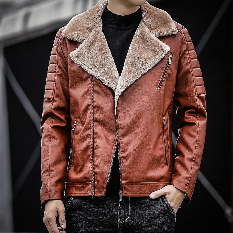 Winter Velvet Leather Jacket Korean Style Motorcycle Green Handsome Lapel Jacket Fit Slim Men's Pu Jacket Trendy