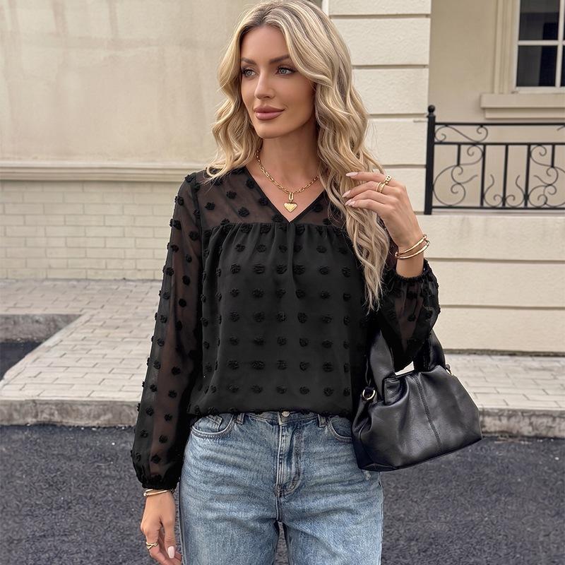 Black V Neck Long Sleeve Pullover Blouse For Women