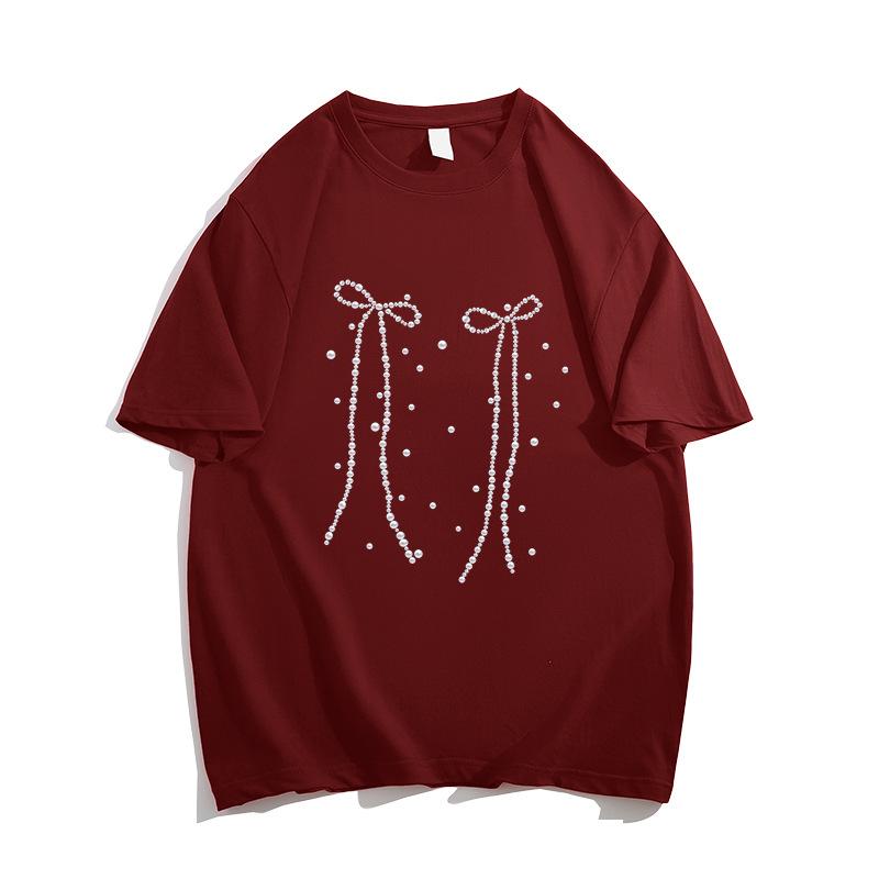 Large size loose cotton short-sleeved t-shirt women's new spring and summer fat mm meat covering and thin black bow trendy