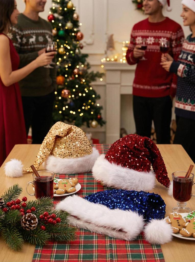 Adult Christmas Sequin Double-Layered Long Fur Hat - Multi-color, Festive Decoration