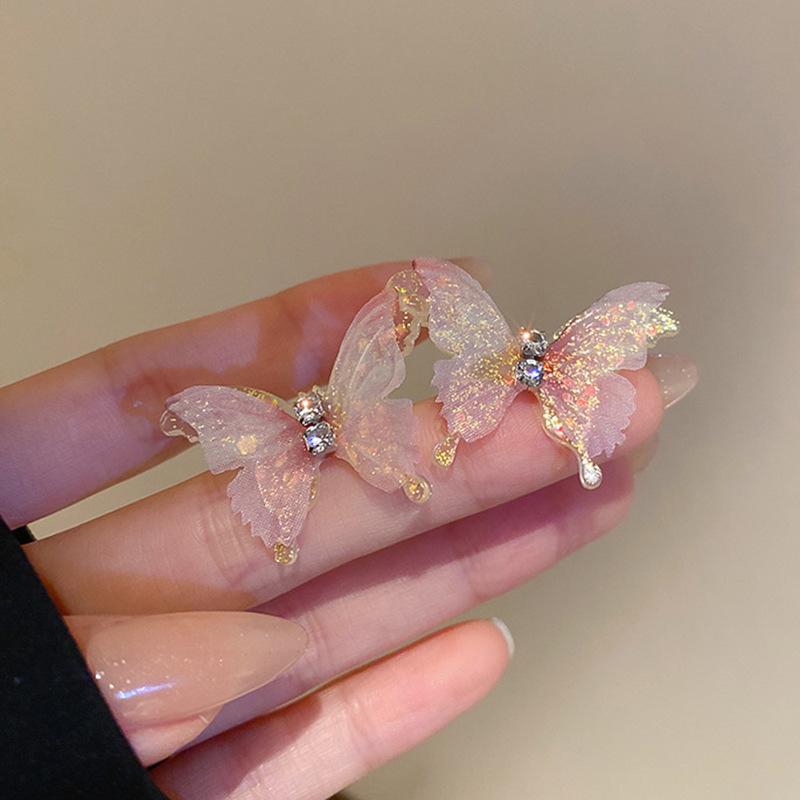 Silver Needle Sweet Flower Butterfly Pearl Tassel Earrings Trend Stud Earrings Temperament Earrings Women