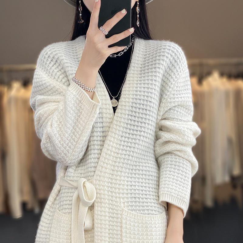 Women's 2023 Loose Cashmere Tie-Up Sweater, Long Sleeve, Pure Wool, Knitted Cardigan with % Collar for Spring