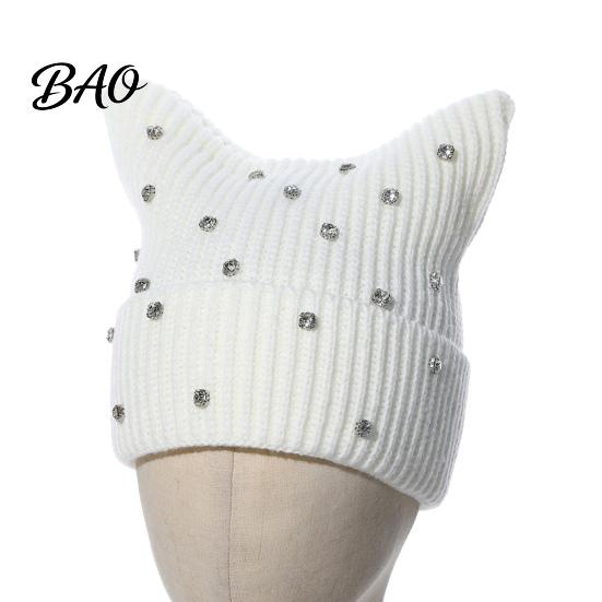 Knitted Winter Hat for Women Cat Ear Girls, Striped Slouchy Crochet Headgear Trendy Festival Fashion with Shiny Rhinestones, Cute Warm Cap Contrast