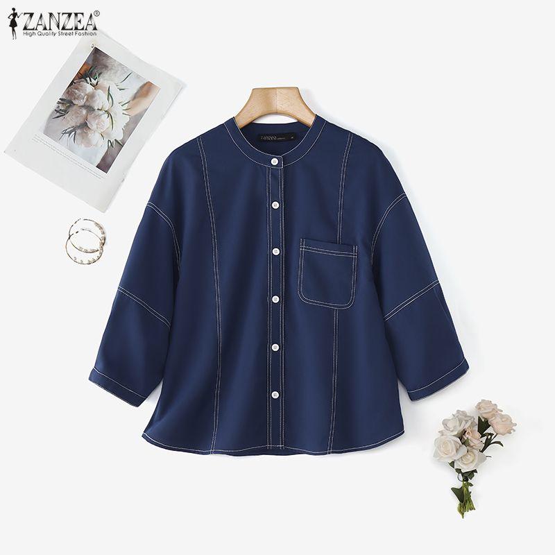 ZANZEA Women Daily Casual Round Neck Loose 3/4 Sleeve Blouse
