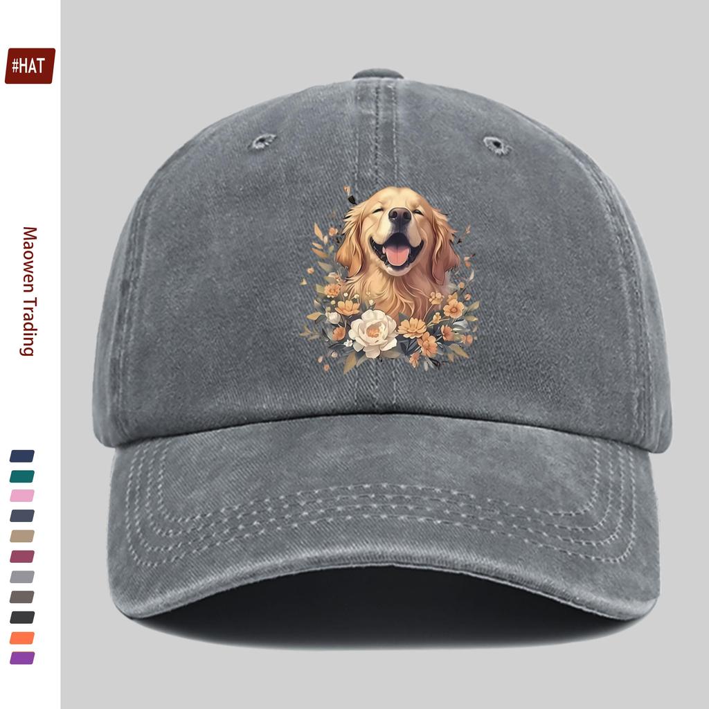 pc Golden Retriever And Floral Print Baseball Cap Cartoon Pet Dog Pattern Trucker Sun Hat Comfortable Lightweight Papa Hat D