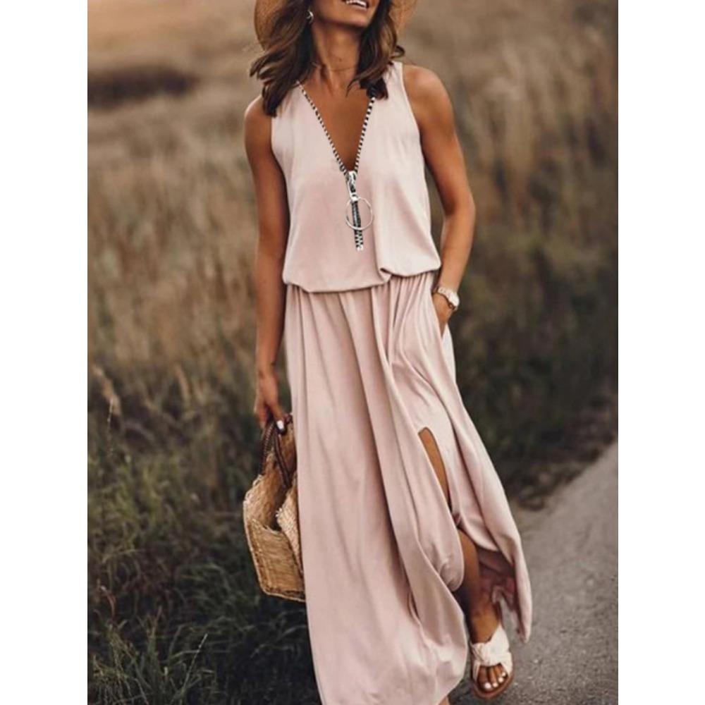 Women's Fashion Summer Spring Solid Color Print Sleeveless zip collar High Waist Casual Dresses
