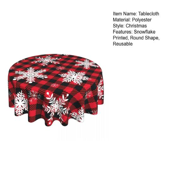 Christmas Table Cloth Snowflake Plaid Print New Year Style Round Shape Easy Care