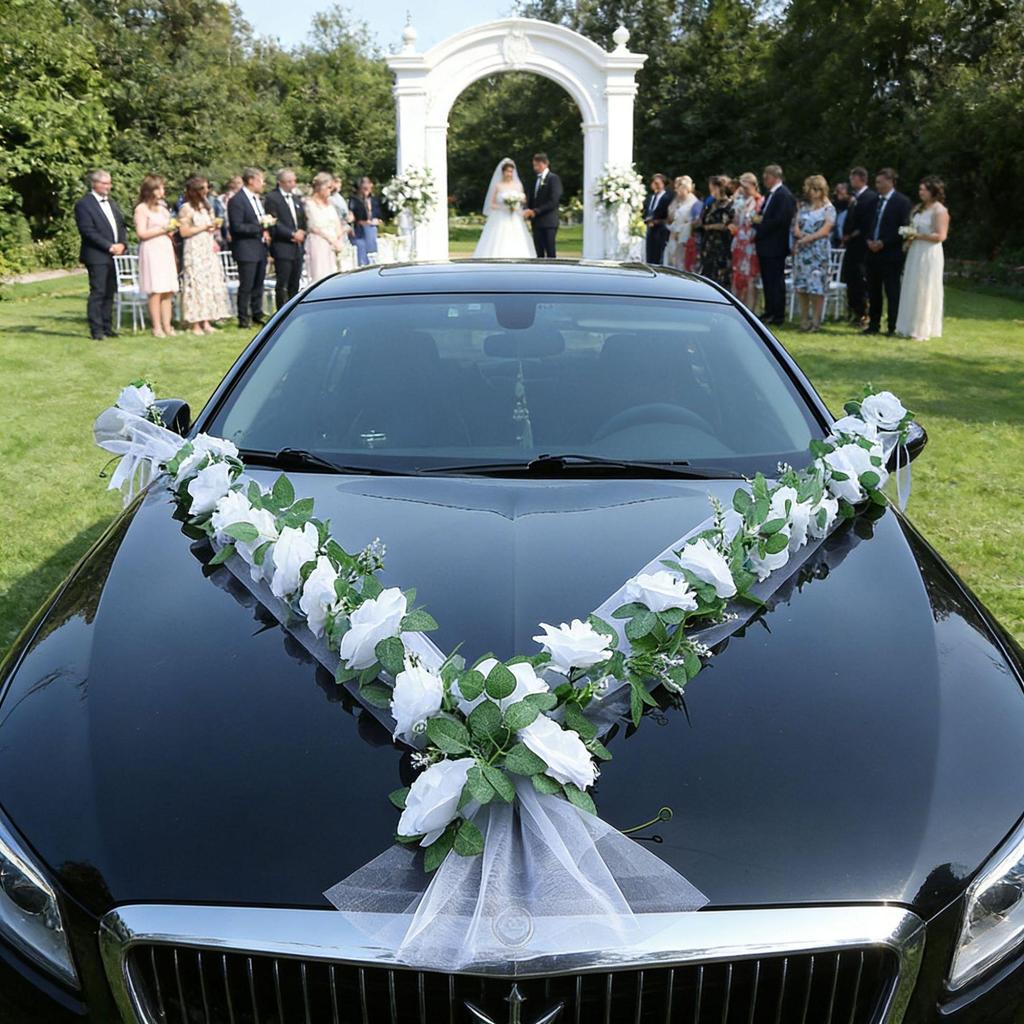 V-Shaped White Rose Wedding Car Decoration Set - Simulated Flowers for Car Hood & Veil Arrangement
