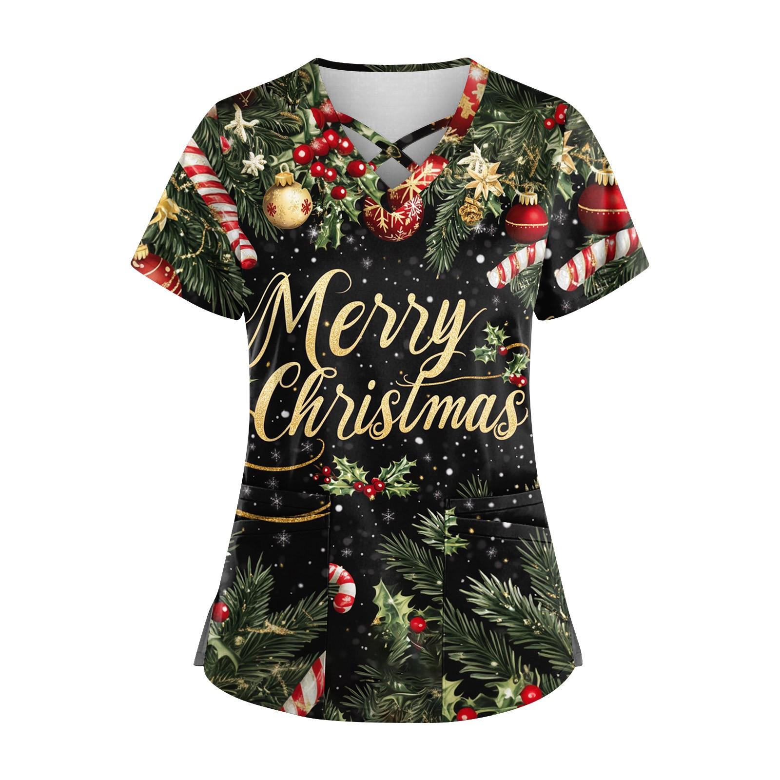 

Женский топ с короткими рукавами, V-образным вырезом, рождественским принтом и карманом Dry-nurse XXXL