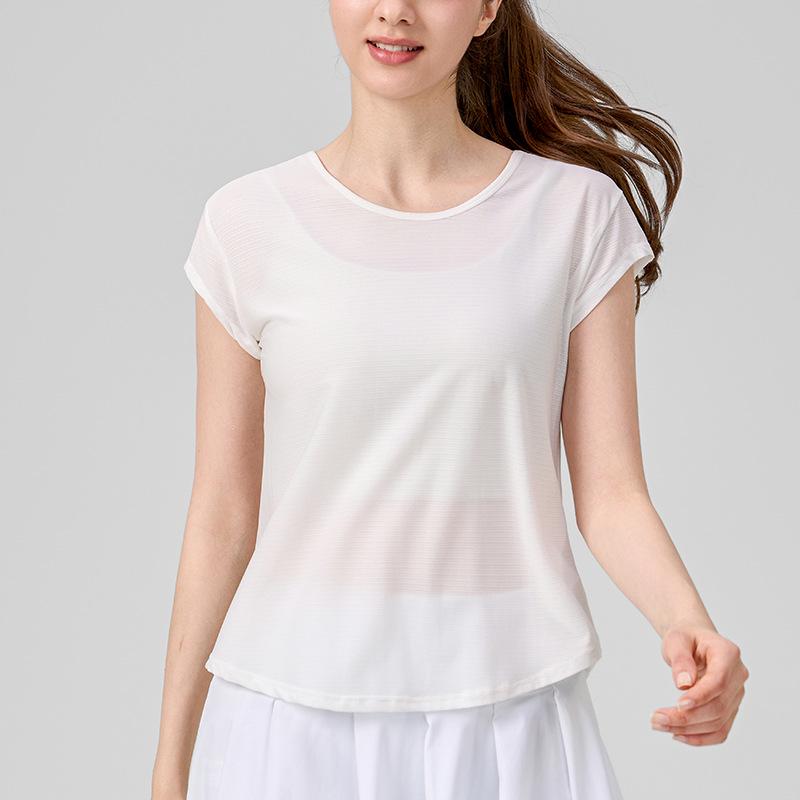 Damen Schnelltrocknendes Schlankmachendes Yoga-T-Shirt: Lockeres, kurzärmeliges Fitness-Überteil