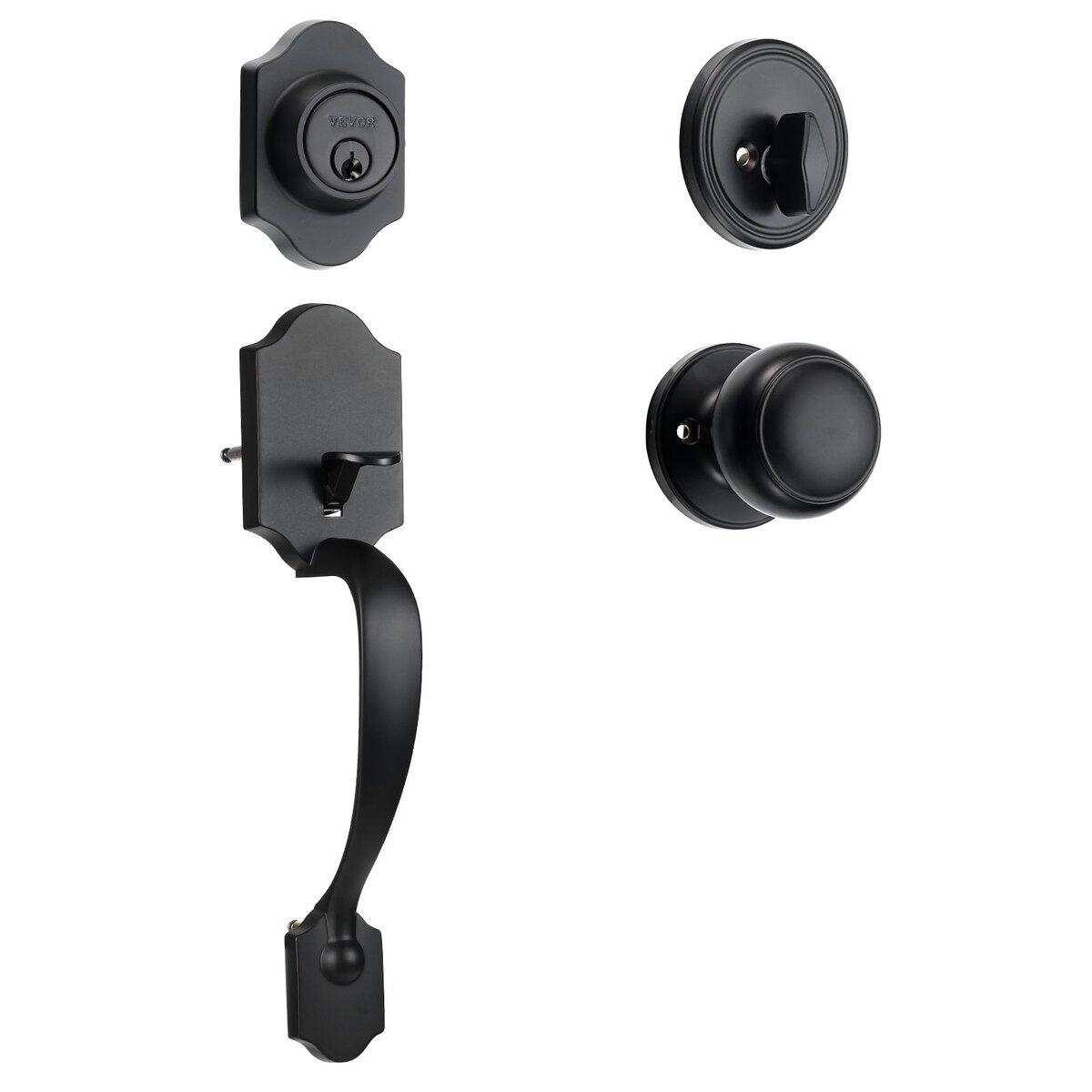Set Mâner și Broască de Siguranță Ușă Principală, Set Broască Ușă Principală Negru Mat cu Mâner Interior, Set Mâner cu Distanță Reglabilă între Găuri Cilindru Simplu, pentru Dreapta