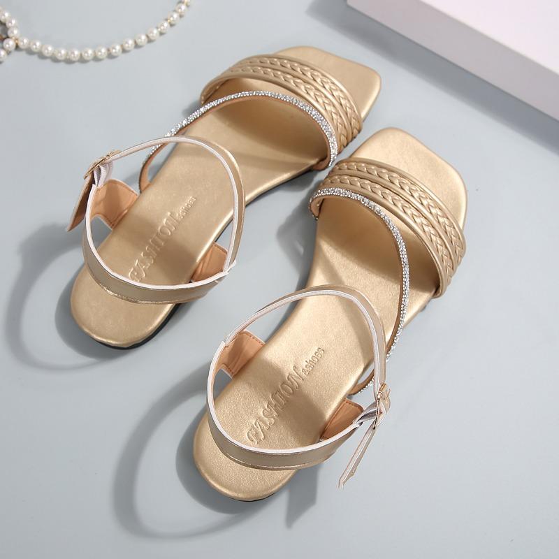 2024 New Summer Women's Shoes Solid Color Open Toe Low Heel Fashion Rhinestone Decorated One-line Buckle Women's Sandals