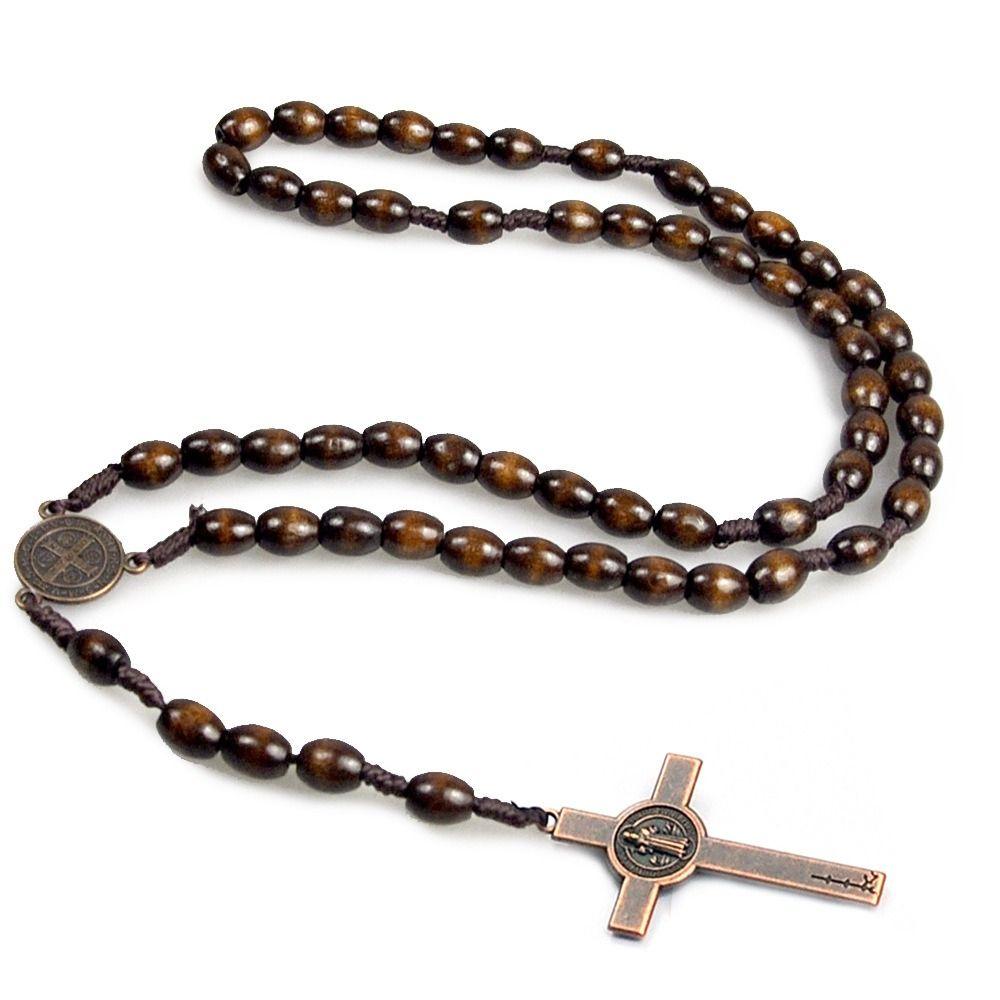Wood Wood Beads Necklace Car Hanging Ornament Crucifix Pendant Chain Handmade Rosary Necklace  Men