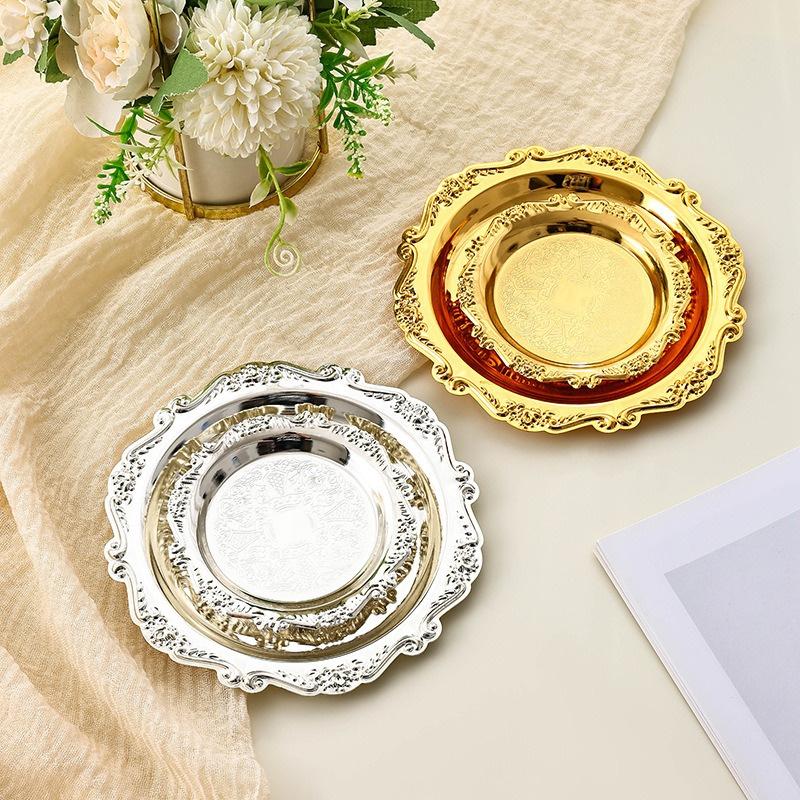 Retro Luxury Silver Plated Plates Cake Dessert Tray High Tea Snack Fruit Dish Jewelry Storage Tabletop Decor Home Hotel Supplies
