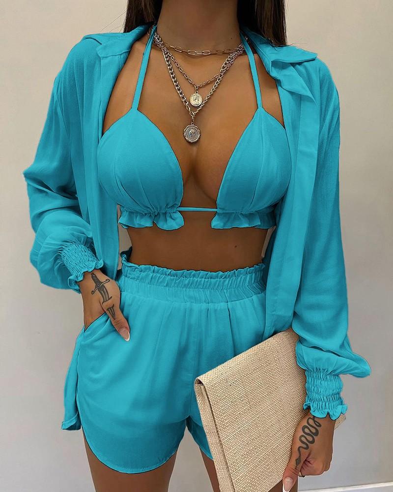 2025 Sexy Swimsuit Summer Fashion Solid Color Printing 3 Piece Suit Women