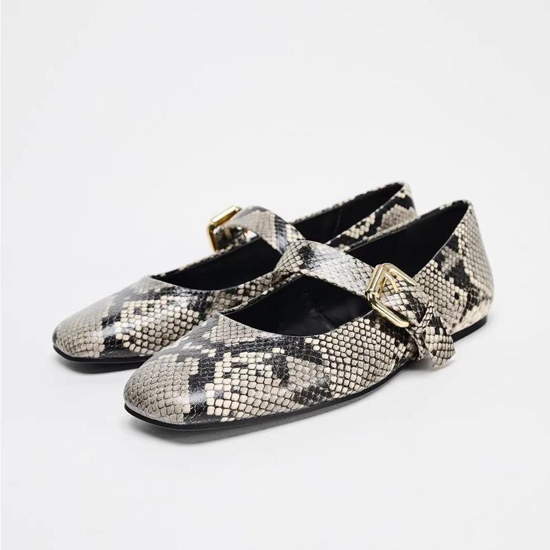 American Style Flat Shoes Women Spring and Autumn New Fashion Square Head Snake Print Line with Mary Jane Single Sh