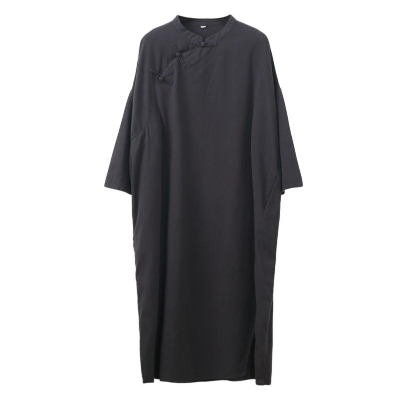 Johnature Women Chinese Style Dress Stand Long Sleeve Spring Solid Color Button A-Line Vintage Dresses