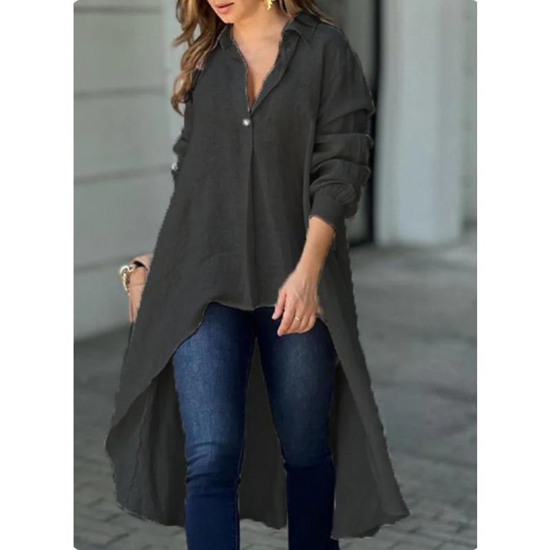 Camisa Casual de Color Sólido para Mujer, Manga Larga, Holgada, Cuello Solapa