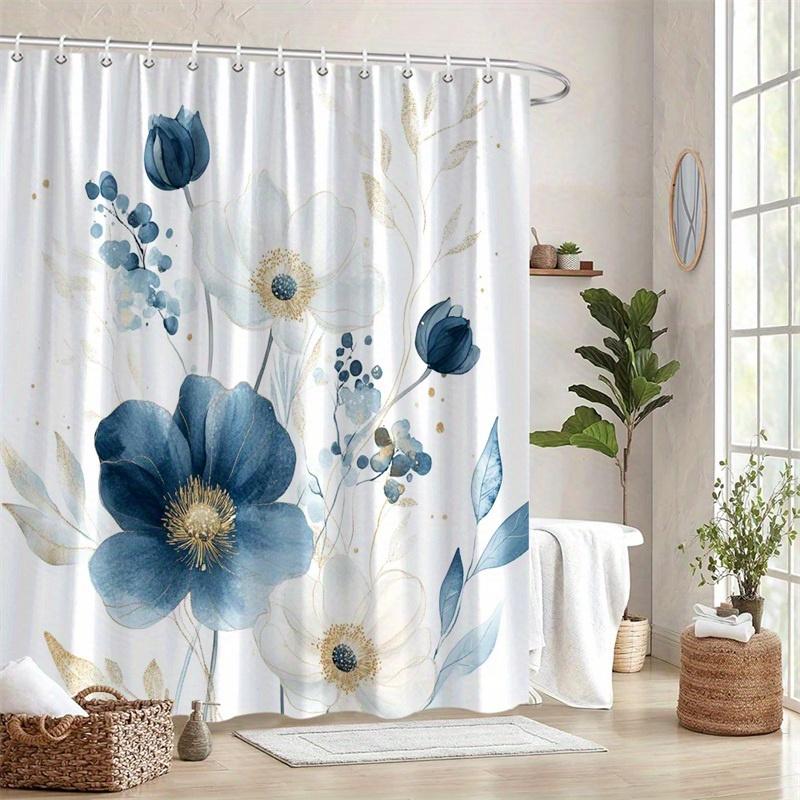 1 Elegant Floral Shower Curtain - Navy And Gold Botanical Bathroom Curtains, Machine Washable Bathroom Polyester Fabric