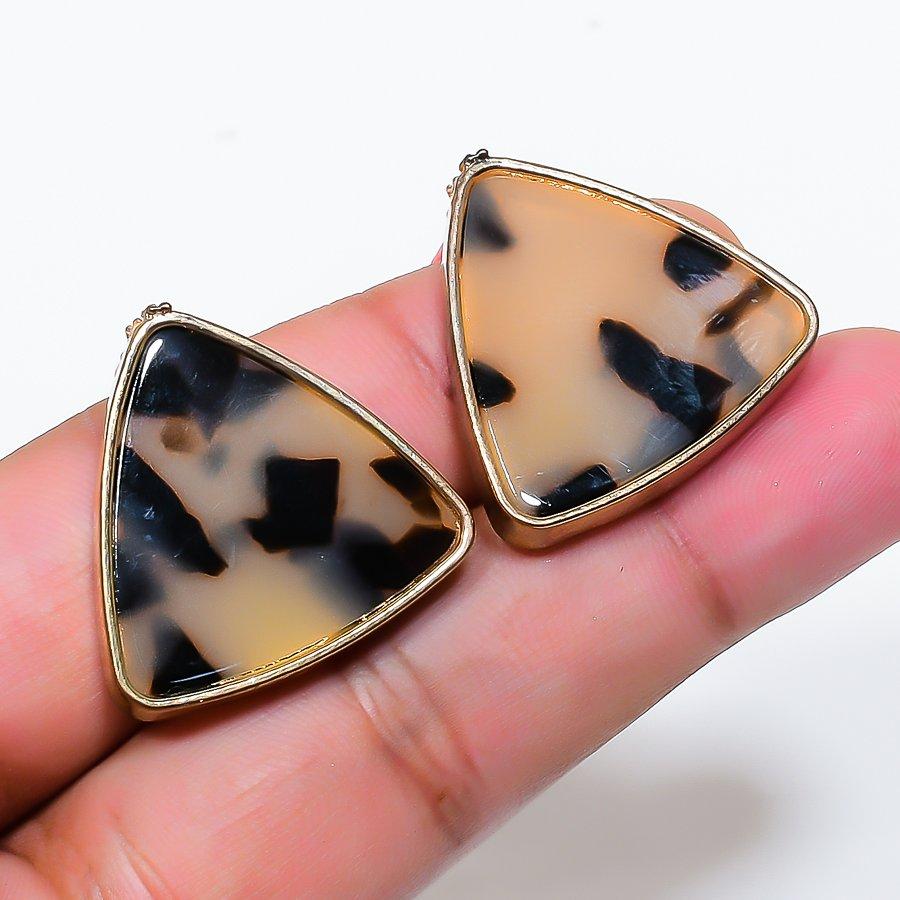 Natural Dendrite Opal Gemstone Brass Jewelry Earring 1.02  RE-183