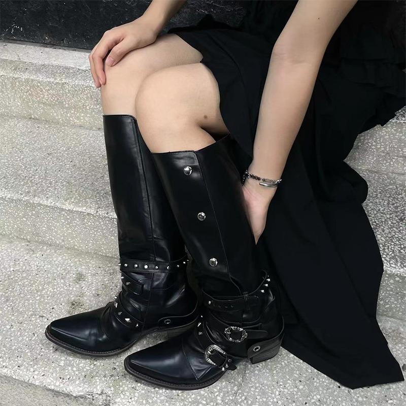 Spitze Hottie Grober Absatz Ritterstiefel Schwarz Punk-Stil Nischen-Persönlichkeit Stiefel Damen Retro