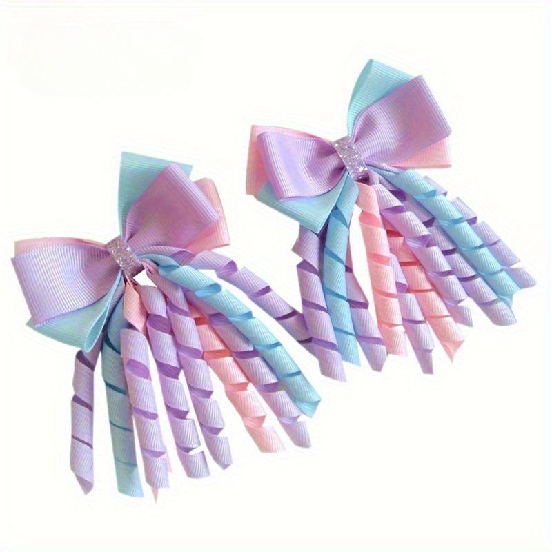 Rainbow Curly Tassel Bow Hair Clips Colorful Curly Tassels Ribbon Bow Hair Barrettes Non-Polyester Fashion Accessories for Girls