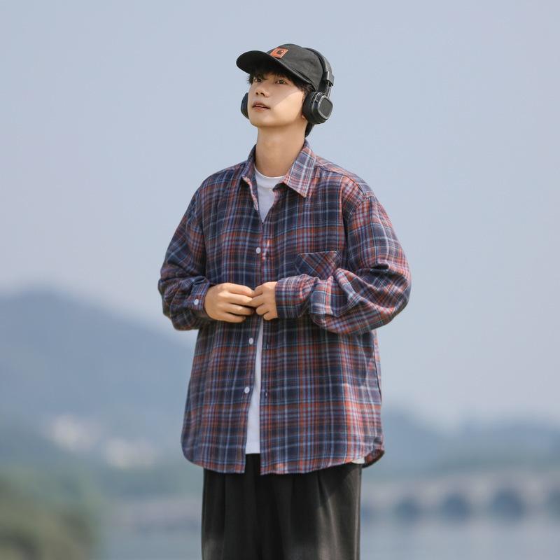 Japanese Plaid Shirt Men's Long-sleeved Spring and Autumn Retro Teenager Feel Handsome Trendy Casual Shirt Jacket