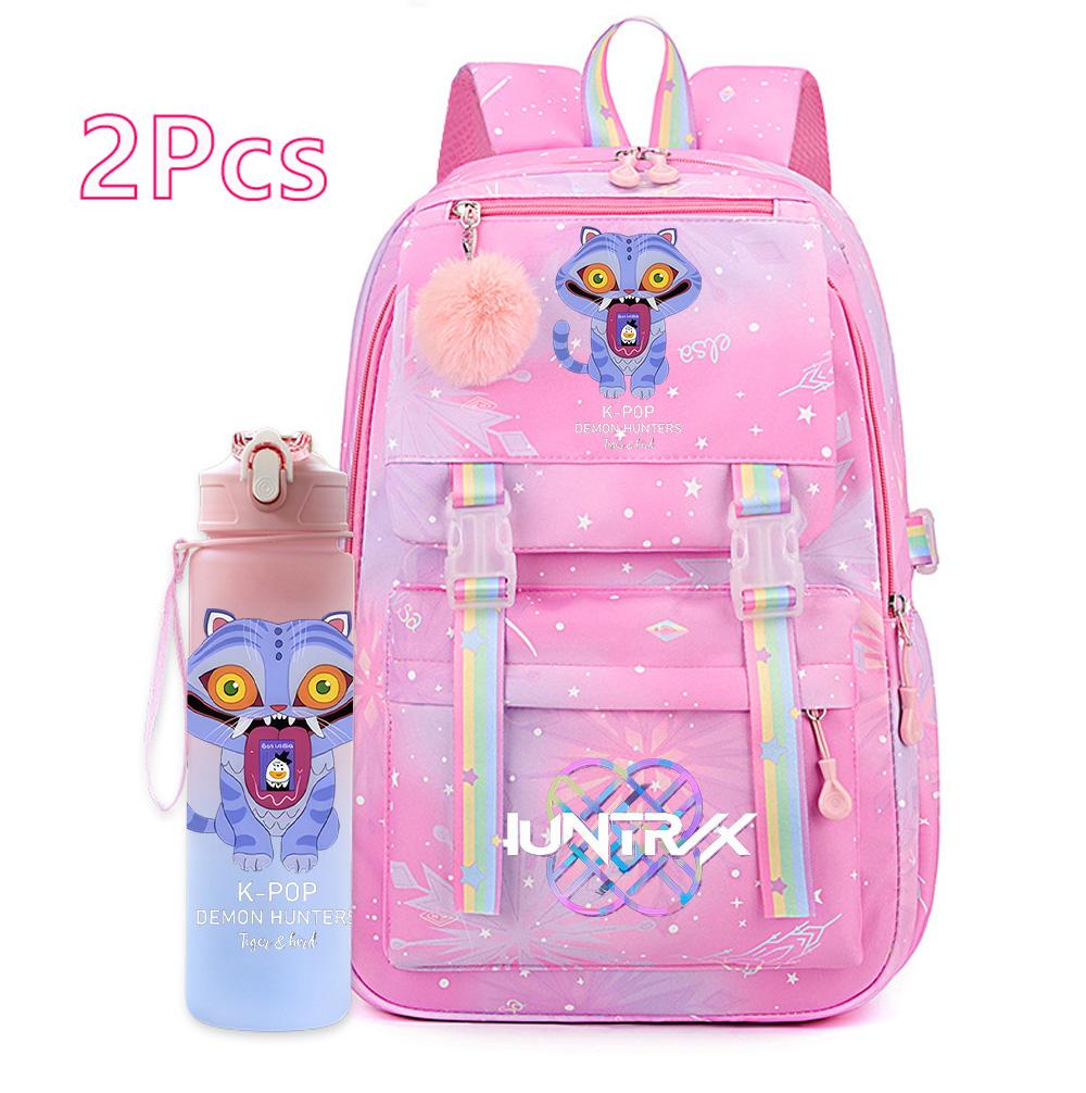 2Pcs/set New Anime Kpop Printed Backpack with 750Ml Water Bottler Large Capacity Travel Bag for Teenager Girl Boy Bookbag Kid Gift Large Capacity Bag