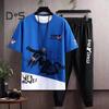 2Pcs/Set Men Summer Sportwear Set Letter Print O-neck Short Sleeve T-shirt Elastic Waist Drawstring Sweatpants Set Sport Outfit