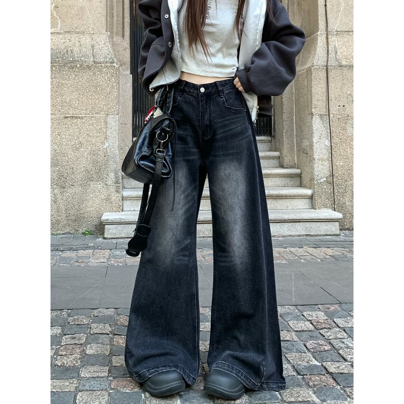 Kumikumi American Retro Black High Waist Denim Female Autumn Loose Slimming and All-Matching Loose Pants Mop Pants