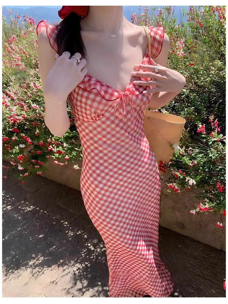 Women's Red Plaid Fishtail Spaghetti Strap Dress - 2025 Spring/Summer French Seaside Vacation Collection